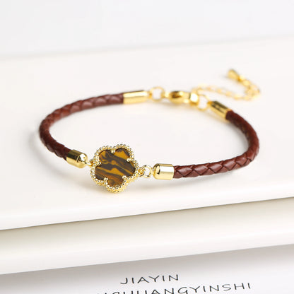 Five-Leaf Flower Natural Stone Bracelet – Chic Woven Leather Jewelry for Women.