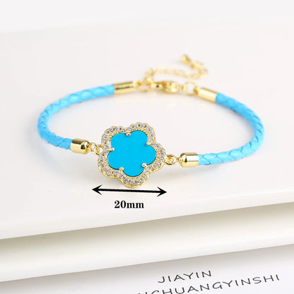 Five-Leaf Flower Natural Stone Bracelet – Chic Woven Leather Jewelry for Women.