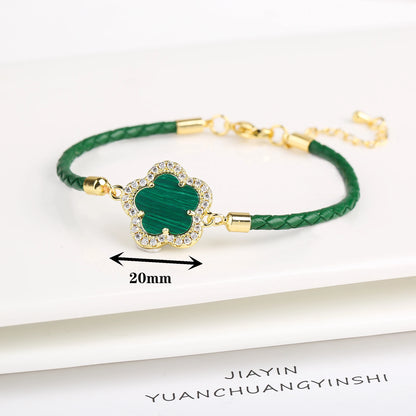Five-Leaf Flower Natural Stone Bracelet – Chic Woven Leather Jewelry for Women.