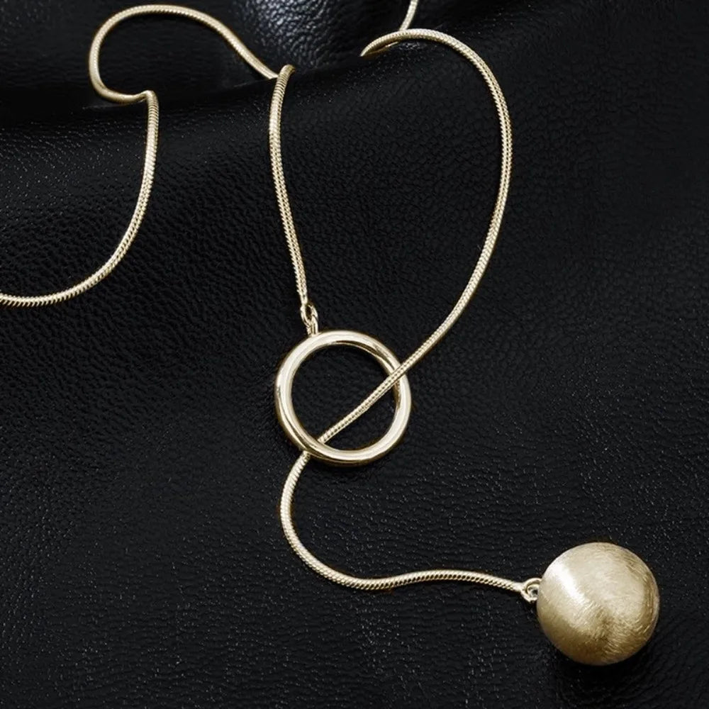 Brushed Silver Ball Necklace – Minimalist Geometric Long Chain Jewelry.