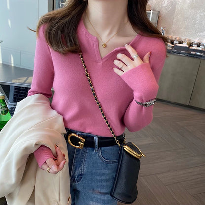 Elegant Knit V-Neck Sweater – Slim Fit Autumn Winter Pullover for Women.