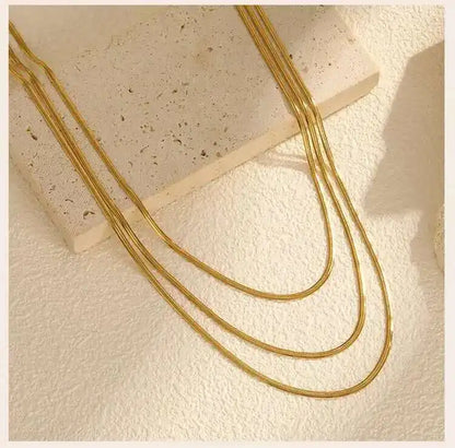 Waterproof Gold Layered Necklace – Stainless Steel Triple Snake Chain Choker for Women.