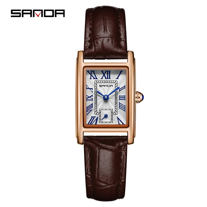 Sanda 1116 Elegant Leather Watch – Rectangle Dial Women’s Quartz Timepiece.