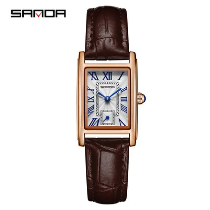 Sanda 1116 Elegant Leather Watch – Rectangle Dial Women’s Quartz Timepiece.