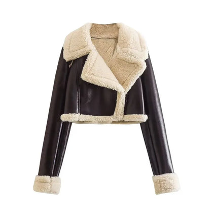 Cropped Leather & Wool Jacket – Stylish Bomber Tweed Coat.
