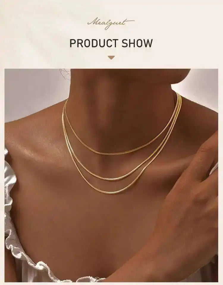 Waterproof Gold Layered Necklace – Stainless Steel Triple Snake Chain Choker for Women.