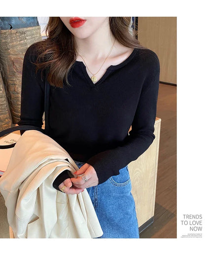 Elegant Knit V-Neck Sweater – Slim Fit Autumn Winter Pullover for Women.