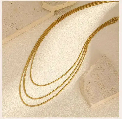 Waterproof Gold Layered Necklace – Stainless Steel Triple Snake Chain Choker for Women.