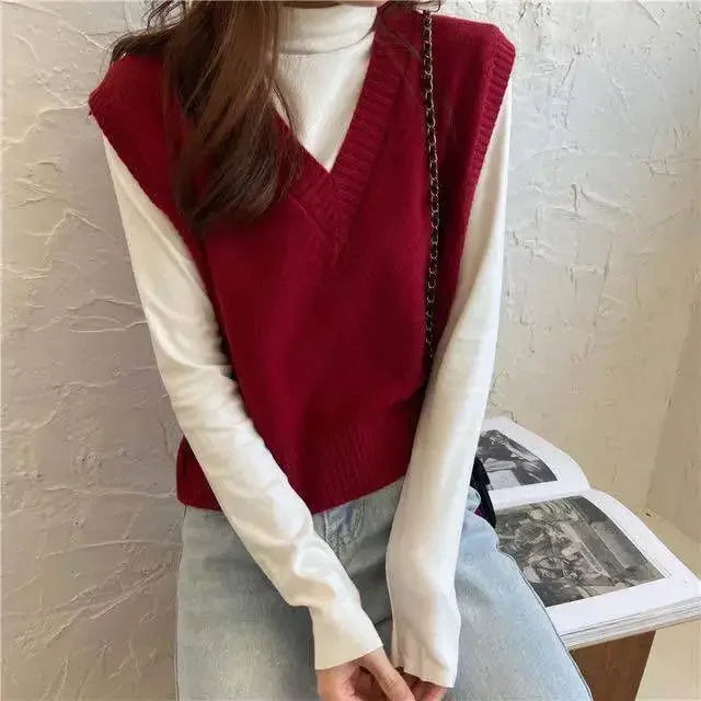 Minimalist Women’s V-Neck Knit Vest – Cozy Korean Aesthetic.