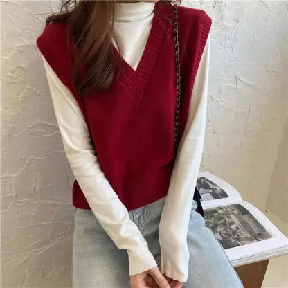 Minimalist Women’s V-Neck Knit Vest – Cozy Korean Aesthetic.