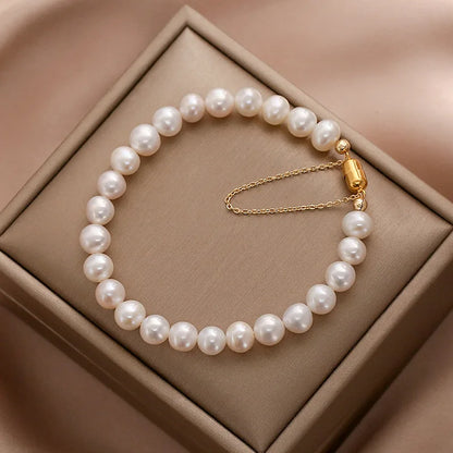 Lustrous Pearl Harmony Bracelet – 14K Gold-Filled Magnetic Clasp Jewelry for Women.