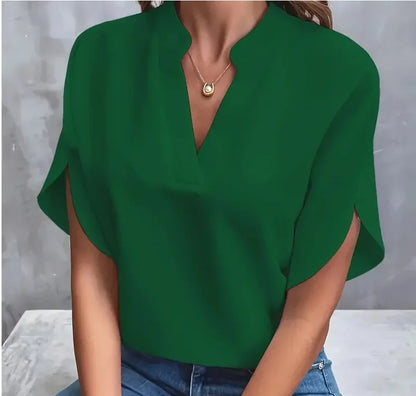 Elegant V-Neck Chiffon Blouse – Summer Casual Office Top for Women.
