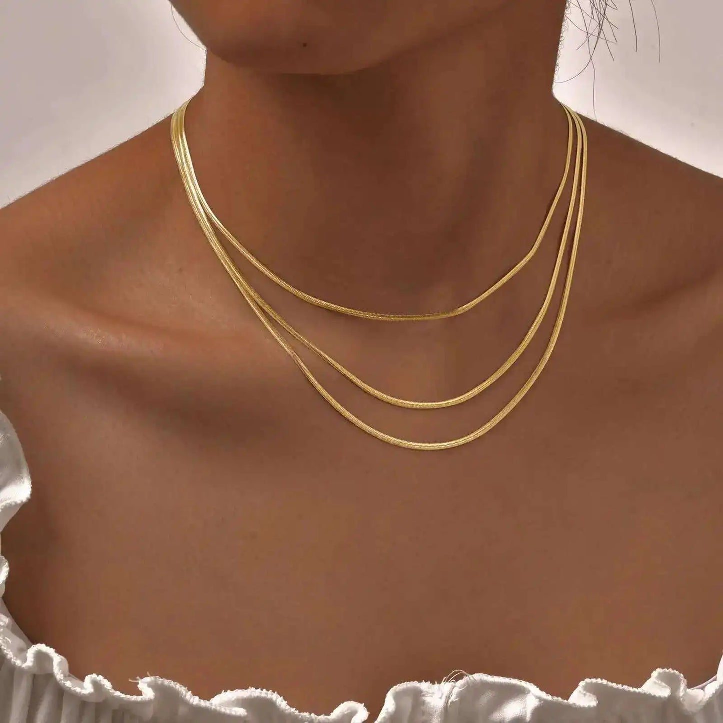 Waterproof Gold Layered Necklace – Stainless Steel Triple Snake Chain Choker for Women.