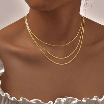 Waterproof Gold Layered Necklace – Stainless Steel Triple Snake Chain Choker for Women.