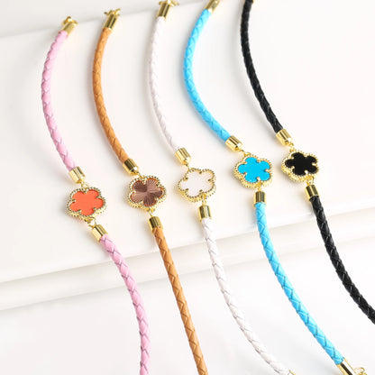 Five-Leaf Flower Natural Stone Bracelet – Chic Woven Leather Jewelry for Women.