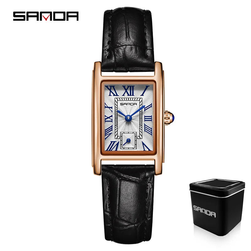 Sanda 1116 Elegant Leather Watch – Rectangle Dial Women’s Quartz Timepiece.
