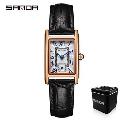 Sanda 1116 Elegant Leather Watch – Rectangle Dial Women’s Quartz Timepiece.