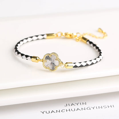 Five-Leaf Flower Natural Stone Bracelet – Chic Woven Leather Jewelry for Women.