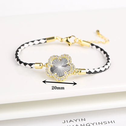 Five-Leaf Flower Natural Stone Bracelet – Chic Woven Leather Jewelry for Women.