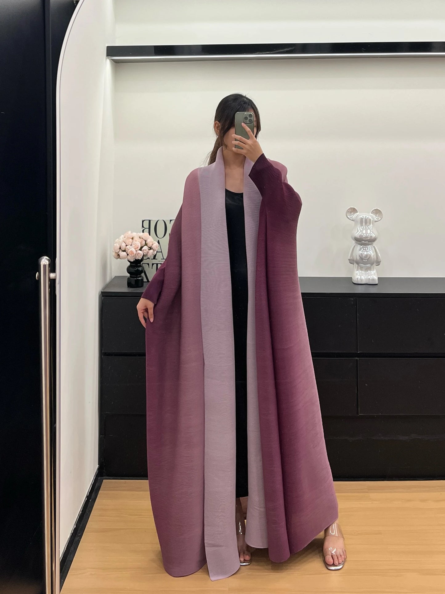 Gradient Bat Sleeve Trench – Retro Chic Coat with Scarf Colla.