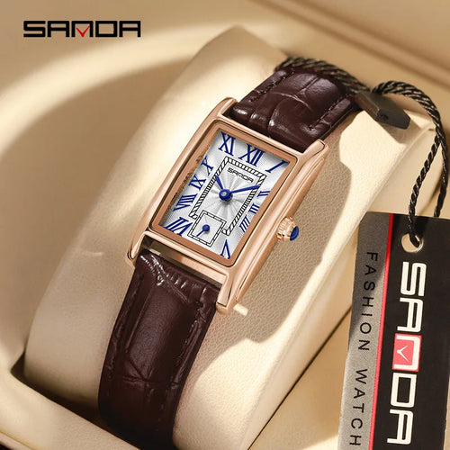 Sanda 1116 Elegant Leather Watch – Rectangle Dial Women’s Quartz Timepiece.