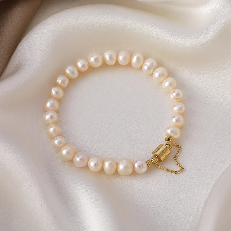 Lustrous Pearl Harmony Bracelet – 14K Gold-Filled Magnetic Clasp Jewelry for Women.