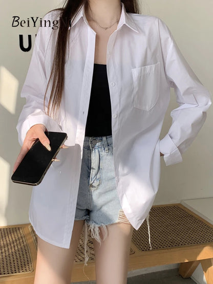 Beiyingni 2025Spring Autumn Women Shirts White Plain Loose Oversized Blouses Female Tops Loose BF Korean Style Blusas Pockets