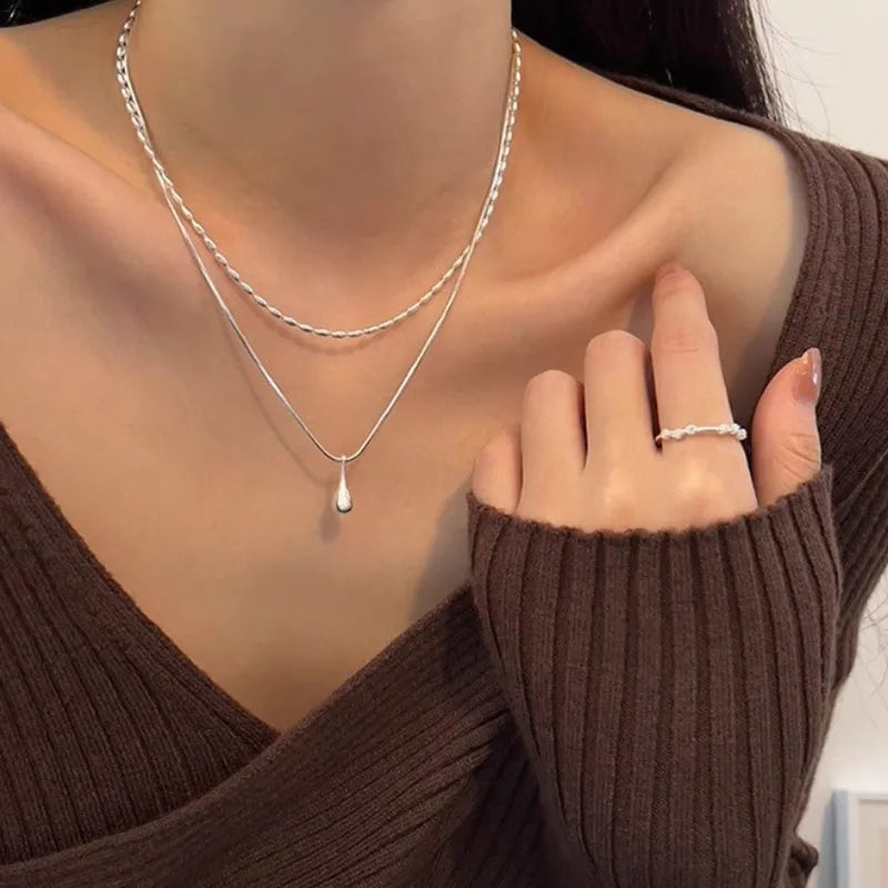 925 Sterling Silver Double-Layer Necklace – Minimalist Rice Droplet Pendant.