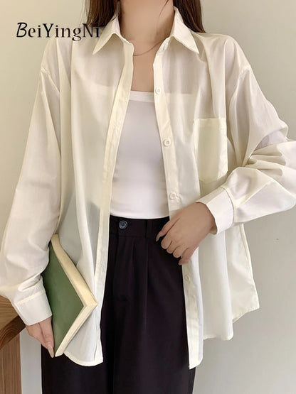 Beiyingni 2025Spring Autumn Women Shirts White Plain Loose Oversized Blouses Female Tops Loose BF Korean Style Blusas Pockets
