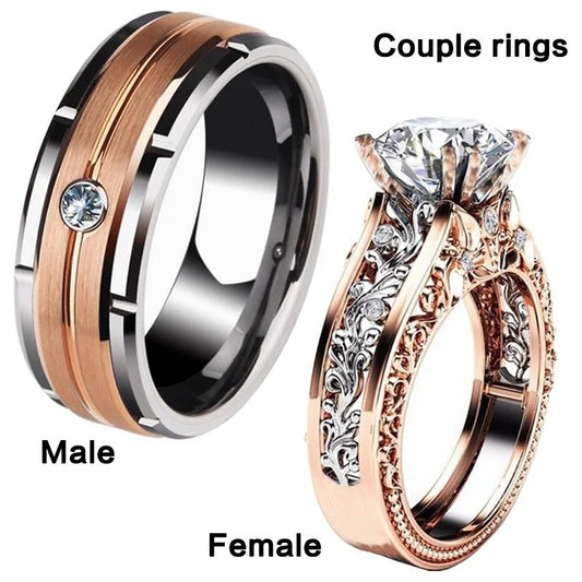 Luxury Rose Gold Couple Ring – Hollow Carved Design with Zircon Stones.