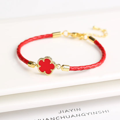 Five-Leaf Flower Natural Stone Bracelet – Chic Woven Leather Jewelry for Women.