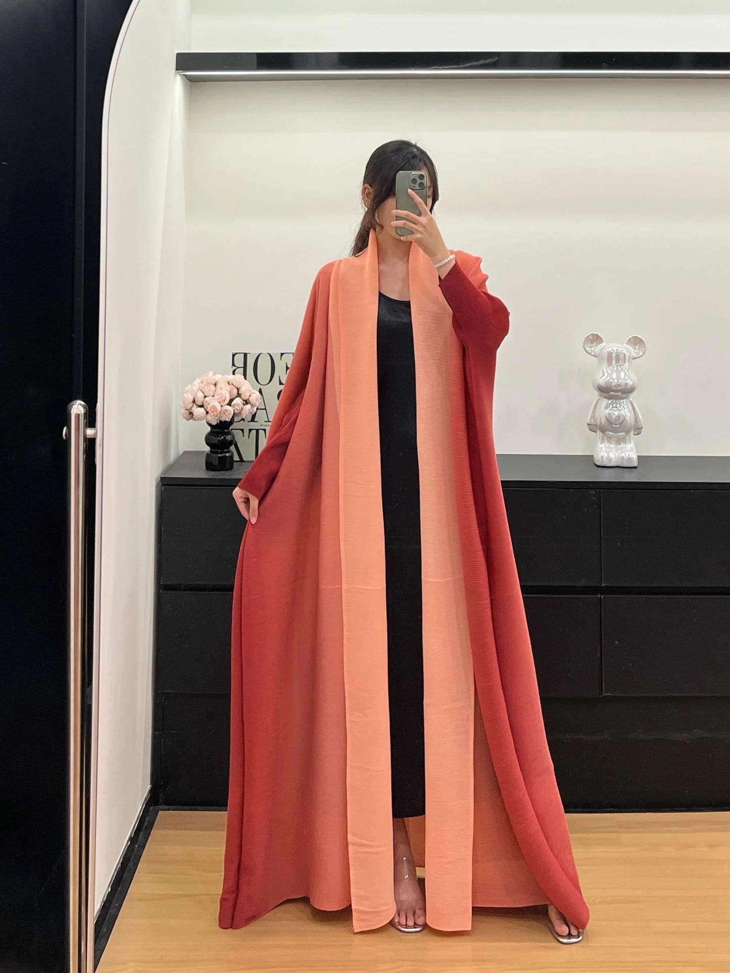 Gradient Bat Sleeve Trench – Retro Chic Coat with Scarf Colla.