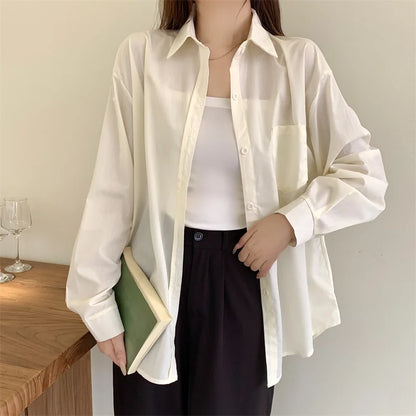 Beiyingni 2025Spring Autumn Women Shirts White Plain Loose Oversized Blouses Female Tops Loose BF Korean Style Blusas Pockets