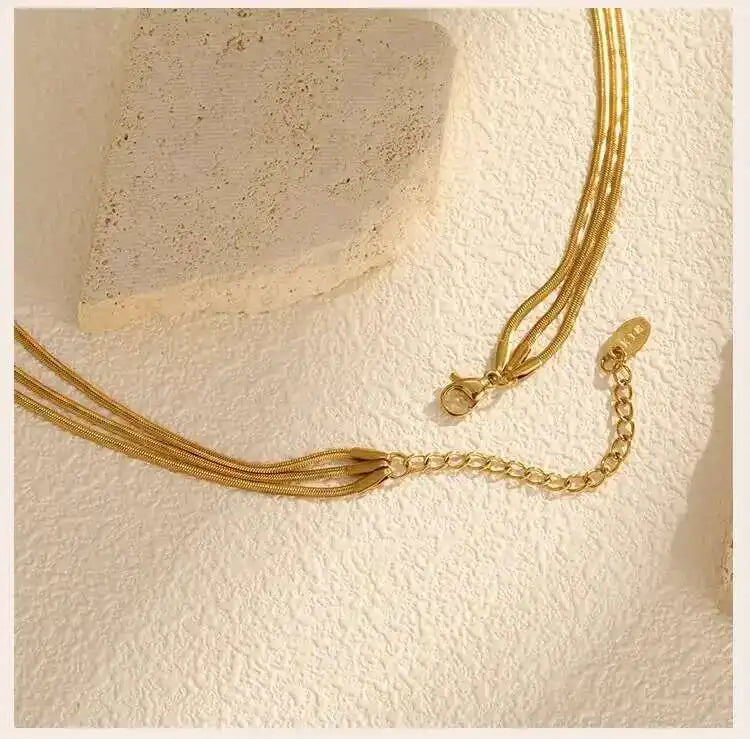Waterproof Gold Layered Necklace – Stainless Steel Triple Snake Chain Choker for Women.