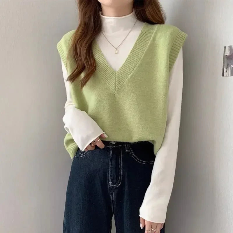 Minimalist Women’s V-Neck Knit Vest – Cozy Korean Aesthetic.
