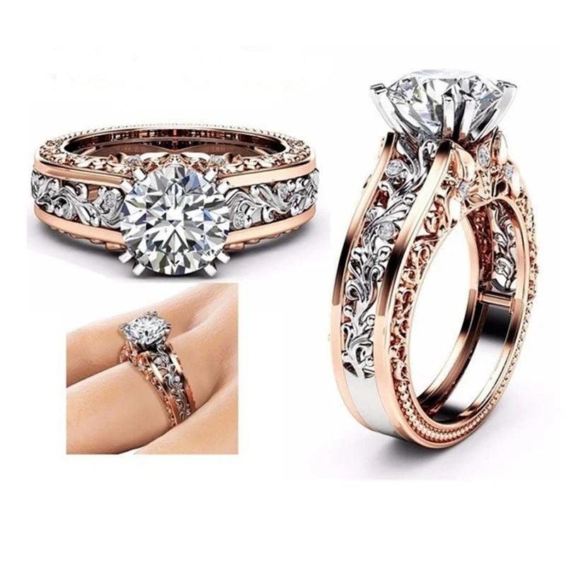 Luxury Rose Gold Couple Ring – Hollow Carved Design with Zircon Stones.