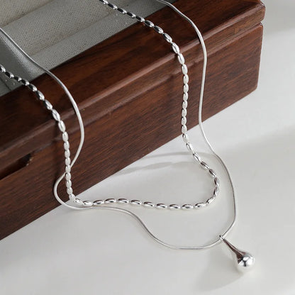 925 Sterling Silver Double-Layer Necklace – Minimalist Rice Droplet Pendant.