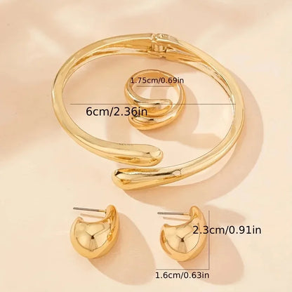 Elegant Water Drop Jewelry Set – Open Bangle, Teardrop Ring & Earrings for Effortless Modern Chic.