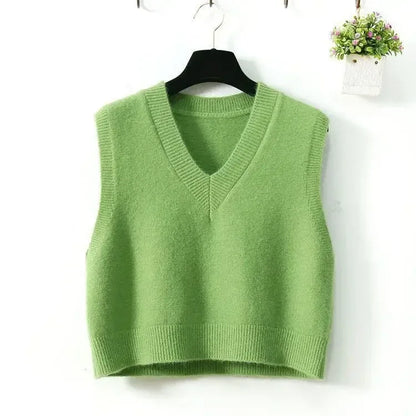Minimalist Women’s V-Neck Knit Vest – Cozy Korean Aesthetic.