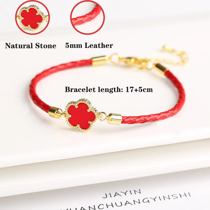 Five-Leaf Flower Natural Stone Bracelet – Chic Woven Leather Jewelry for Women.