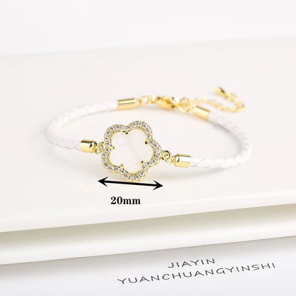 Five-Leaf Flower Natural Stone Bracelet – Chic Woven Leather Jewelry for Women.