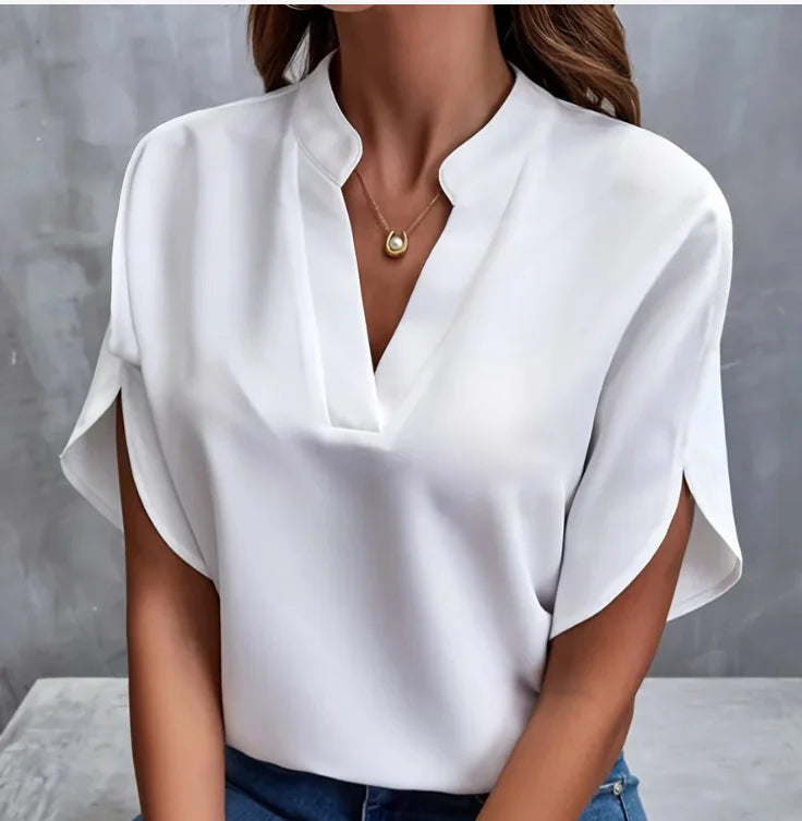 Elegant V-Neck Chiffon Blouse – Summer Casual Office Top for Women.
