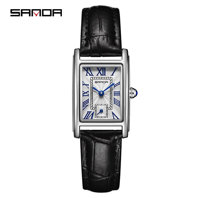 Sanda 1116 Elegant Leather Watch – Rectangle Dial Women’s Quartz Timepiece.