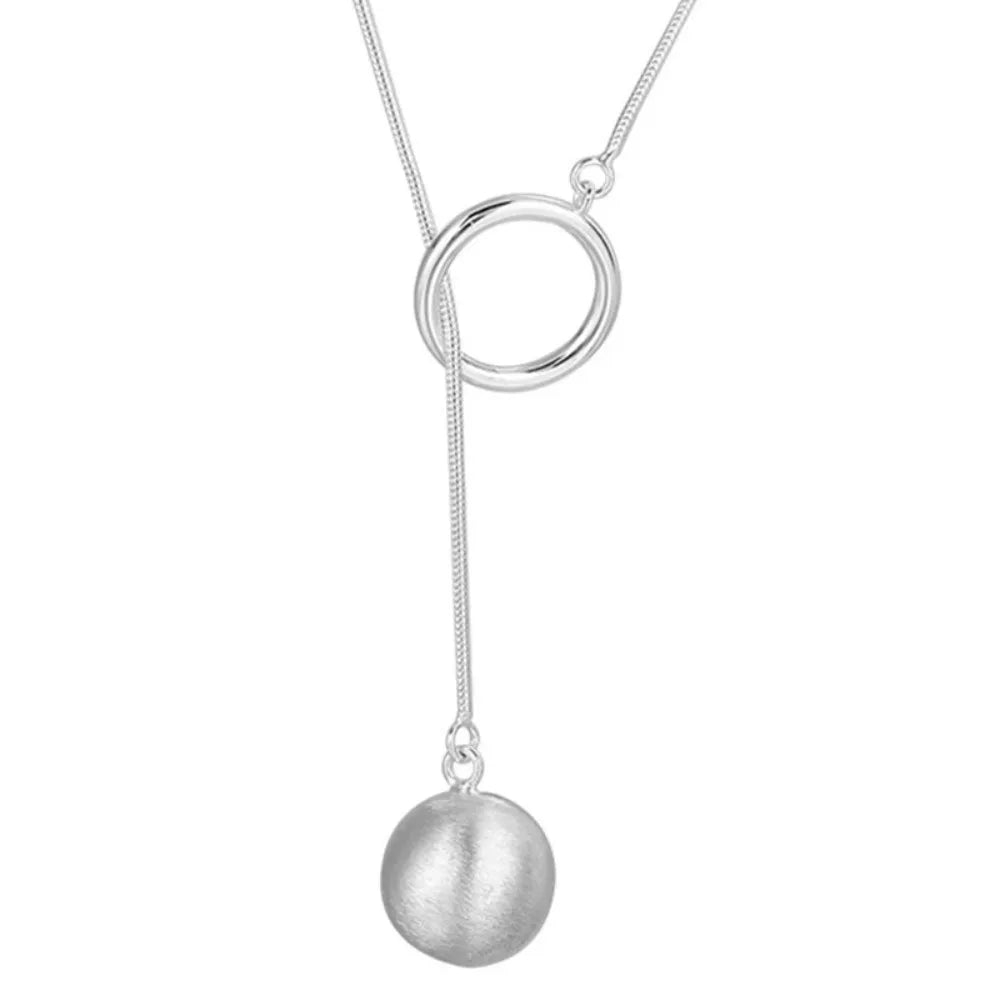 Brushed Silver Ball Necklace – Minimalist Geometric Long Chain Jewelry.