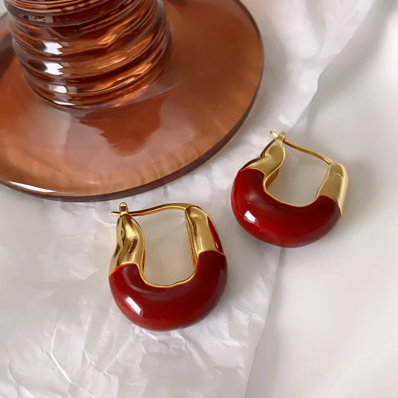 18K Gold Colorful Enamel Hoop Earrings – Korean Trend Style.