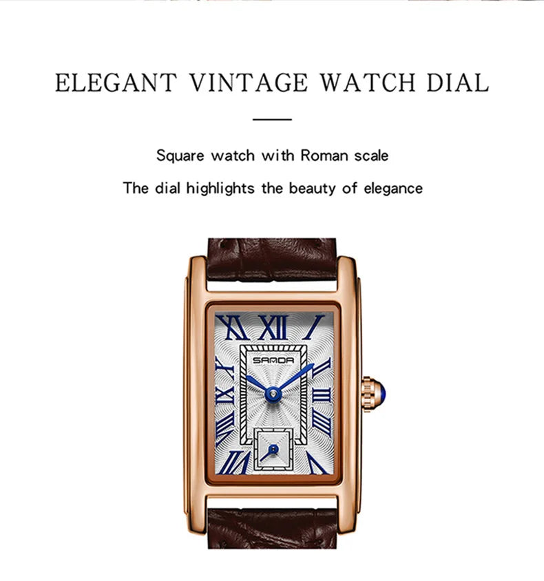 Sanda 1116 Elegant Leather Watch – Rectangle Dial Women’s Quartz Timepiece.