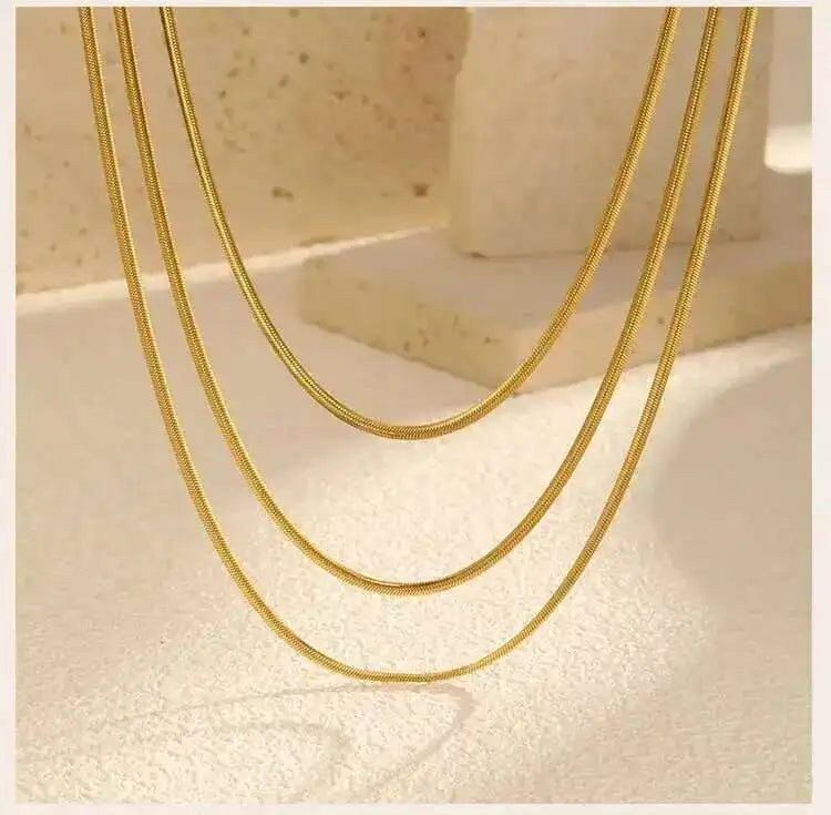 Waterproof Gold Layered Necklace – Stainless Steel Triple Snake Chain Choker for Women.