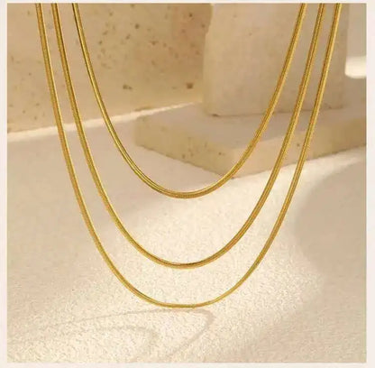 Waterproof Gold Layered Necklace – Stainless Steel Triple Snake Chain Choker for Women.