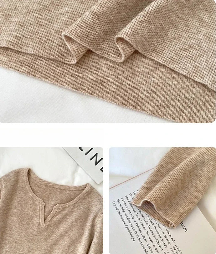 Elegant Knit V-Neck Sweater – Slim Fit Autumn Winter Pullover for Women.
