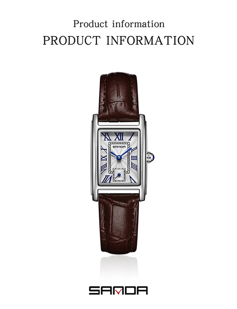 Sanda 1116 Elegant Leather Watch – Rectangle Dial Women’s Quartz Timepiece.